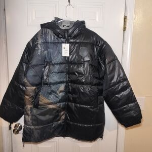 Desigual Men’s Puffer Jacket Size L Black Beige  Hooded Full Zip 4 Pockets